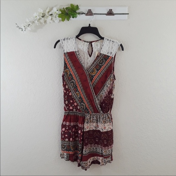 Available by Angela Fashion Pants - Available sz:S Multi-Color Boho Flowery Lace Detail Patchwork Patterned Romper